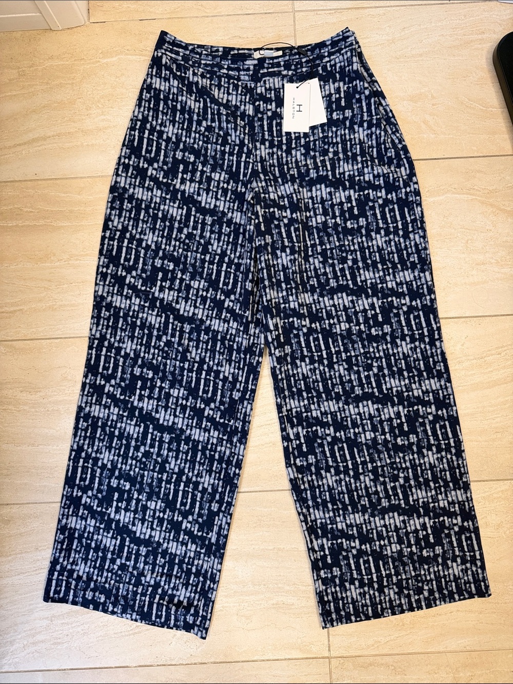 Halston Heritage Navy & White Abstract Wide-Leg Pants